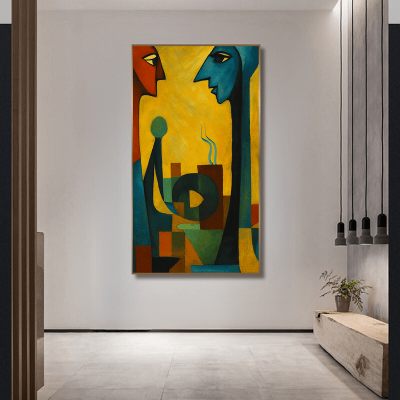 Abstract communication wall art, geometric figures in blue, red, and yellow on a minimalist hallway wall