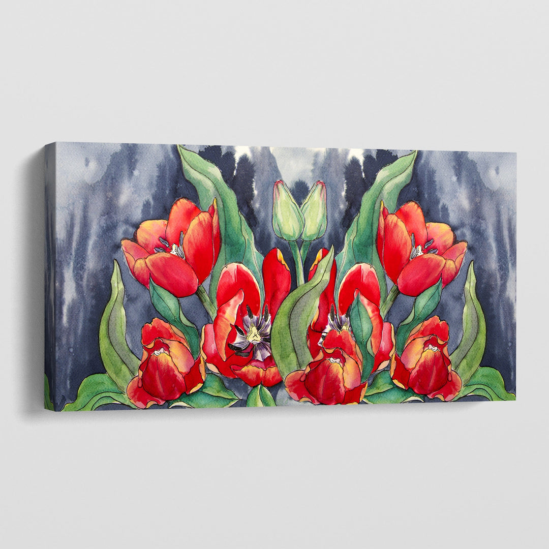 Abstract poppies wall art, red floral painting with green leaves and dark background on stretched canvas