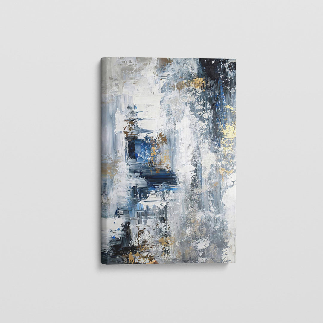 Abstract Division wall art, blue and white textured painting with gold leaf accents