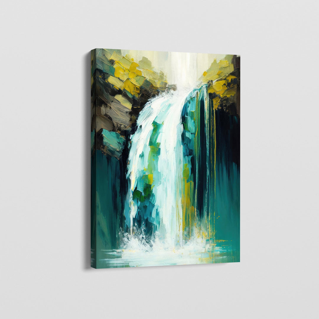 Abstract waterfall landscape wall art, emerald green and yellow cascading water painting on canvas