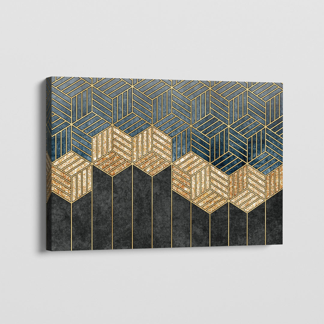 Abstract geometric wall art, blue and gold hexagon pattern with black tones