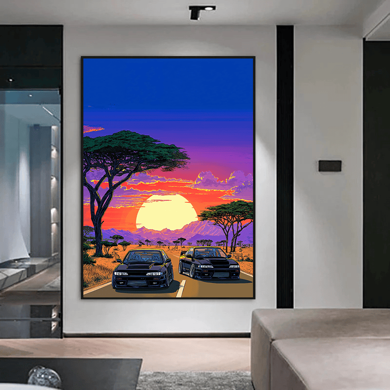 Continental Rally wall art, twilight landscape painting featuring two cars, acacia trees and a large sun on the horizon