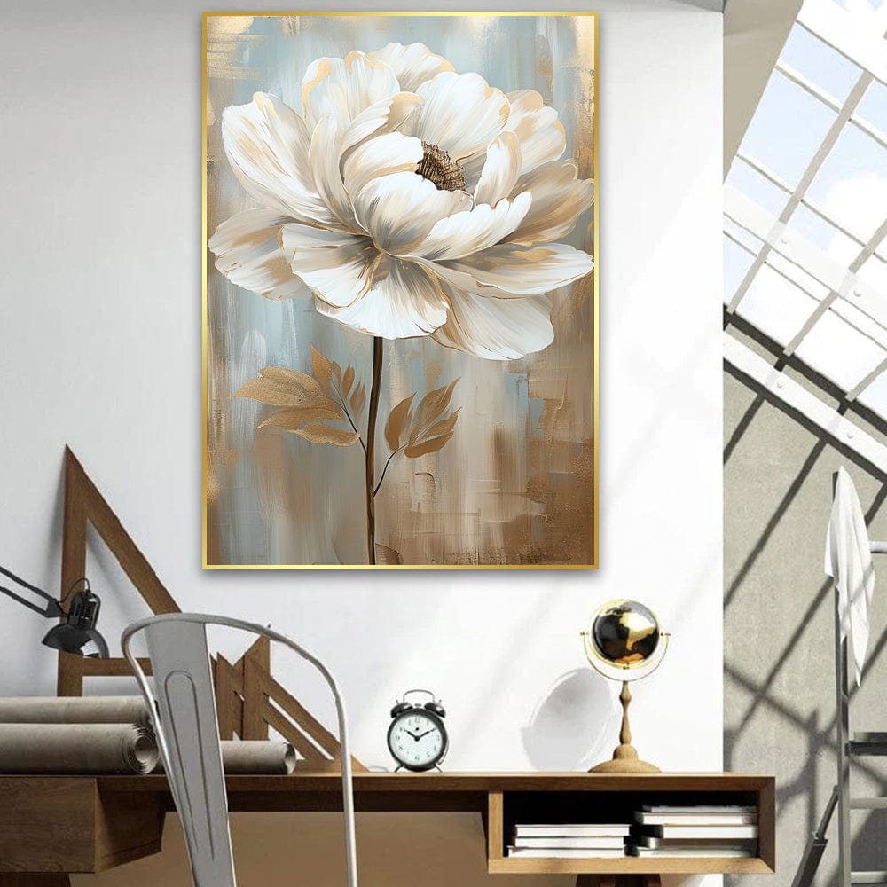 White floral botanical print wall art, single large flower with golden accents on a soft neutral background in a gold frame