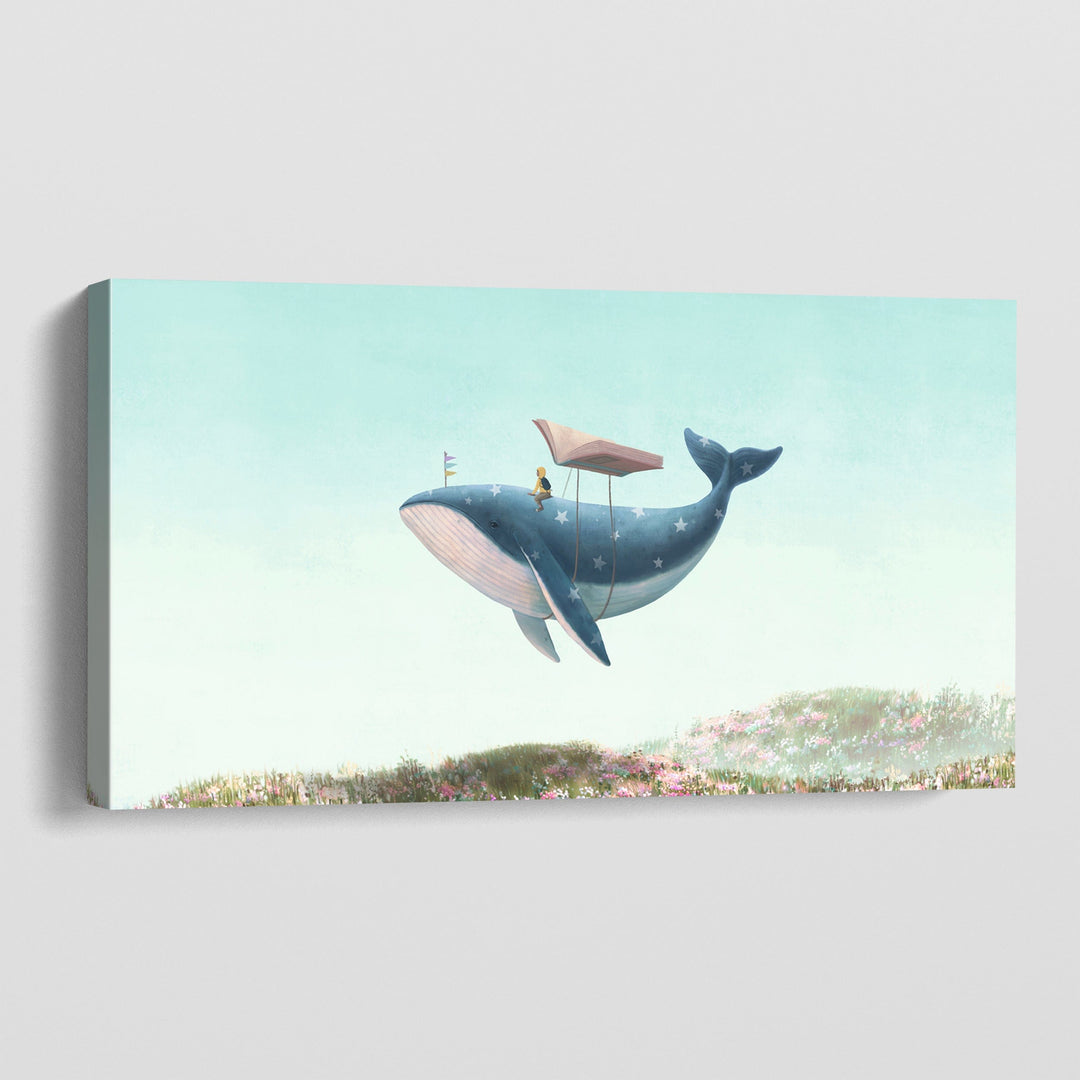 Landscape wall art painting, star speckled flying whale in a pale blue sky over a vibrant flower field