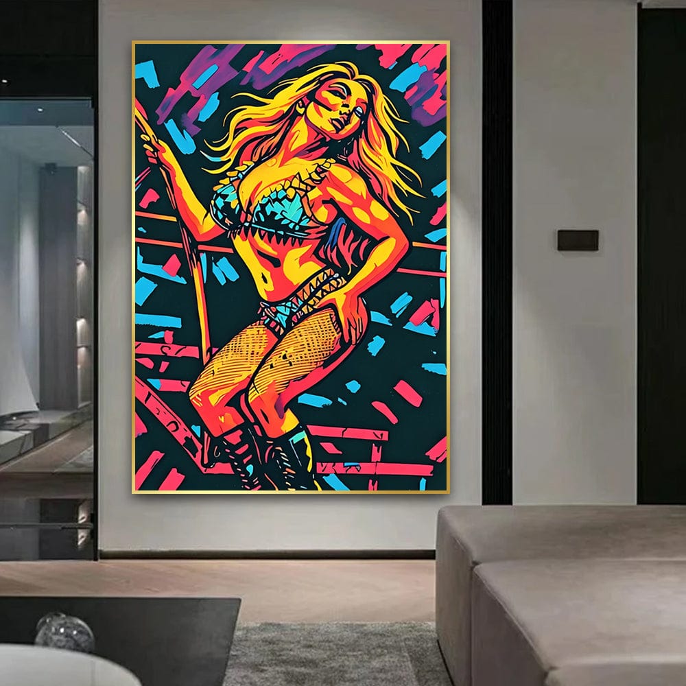 Britney Circus pop star portrait wall art, dynamic neon pink and blue female performer graphic