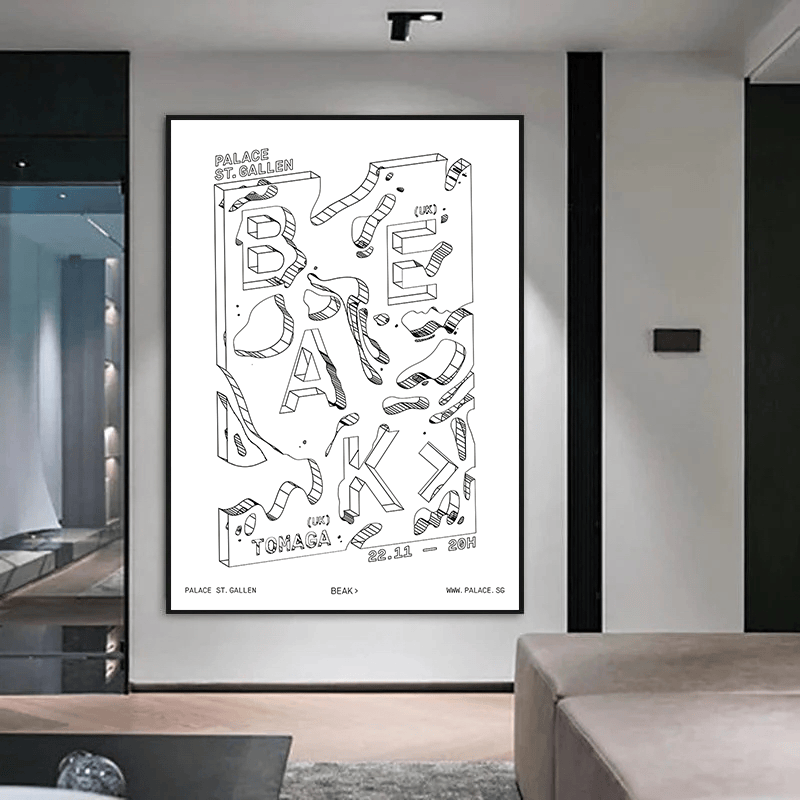 Black and white typography poster wall art, monochrome deconstructed letterforms and graphic fragments on paper
