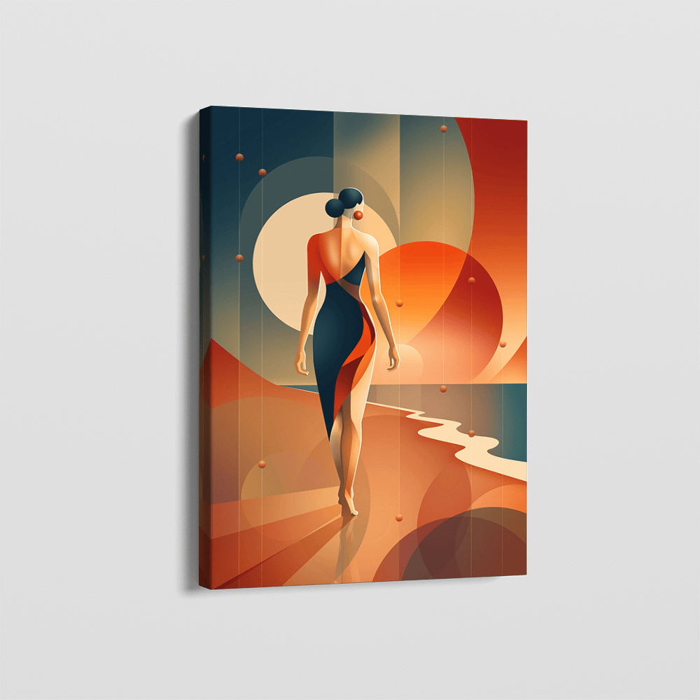 Beyond The Last Tide abstract woman portrait wall art, female figure walking on a geometric shoreline in navy and terracotta