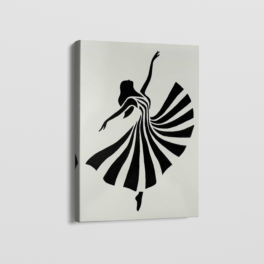 Abstract dancer portrait wall art, minimalist black silhouette with radiating dress on canvas