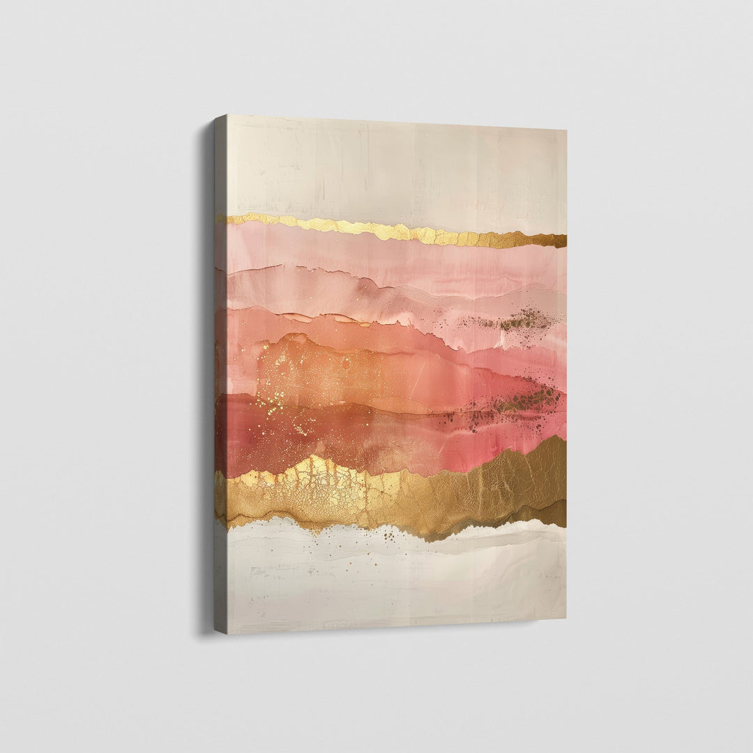 Abstract pink and gold wall art, coral layers with shimmering gold foil accents on canvas