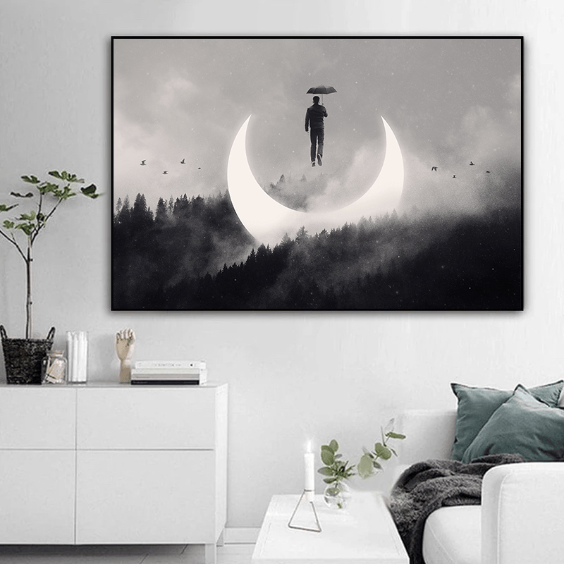 Surreal landscape wall art, a solitary figure with an umbrella floating over a glowing crescent moon and misty forest