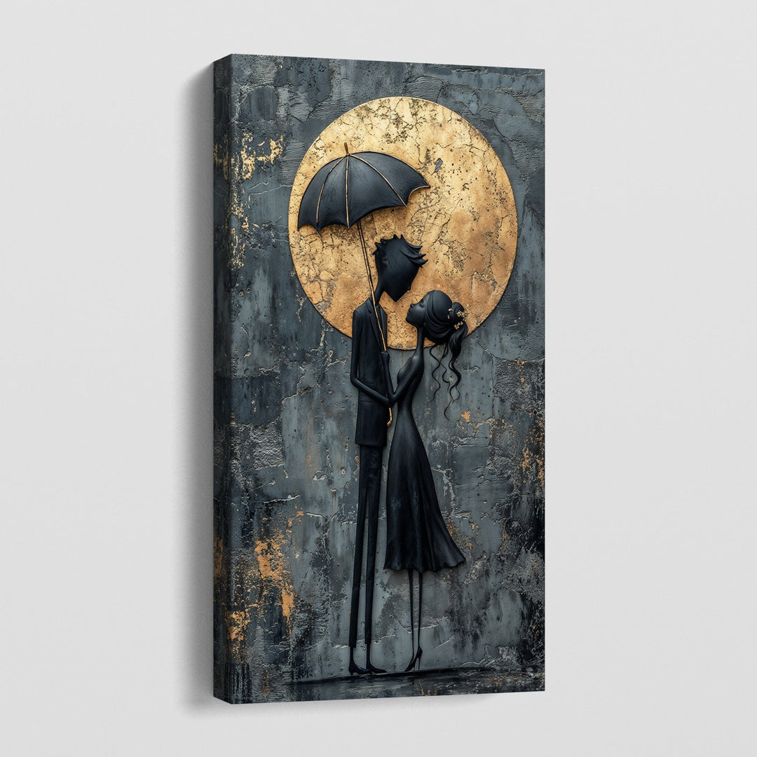 Burtonesque lovers wall art, gothic couple with an umbrella silhouetted against a textured golden moon
