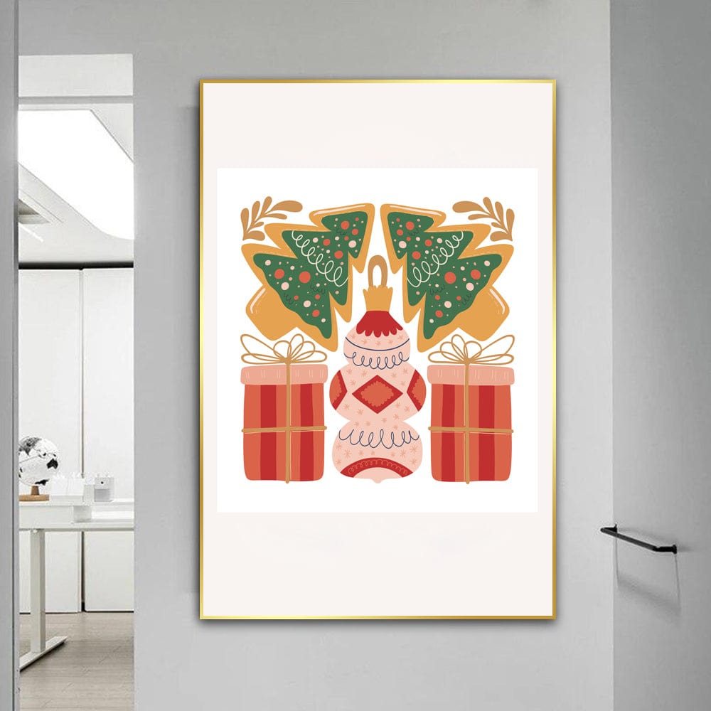 Abstract Christmas trees and gifts wall art, green and red holiday illustration in a gold frame hanging on a light gray wall