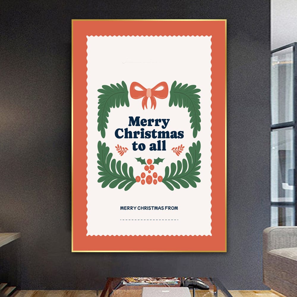 Festive message holiday typography wall art, green evergreens and red bow on a cream background in a thin gold frame