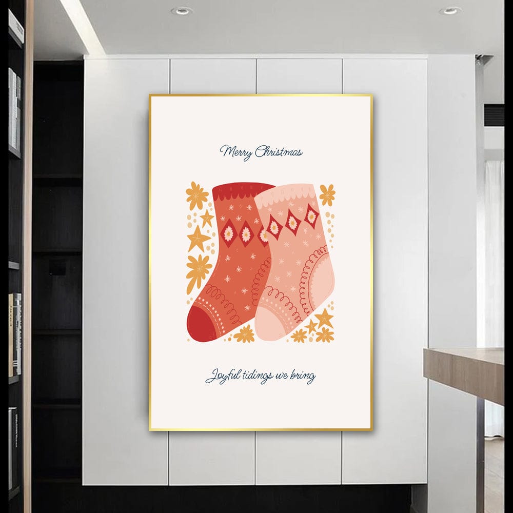 Holiday socks wall art, patterned winter stockings with red and pink tones, gold stars and handwritten Christmas greetings