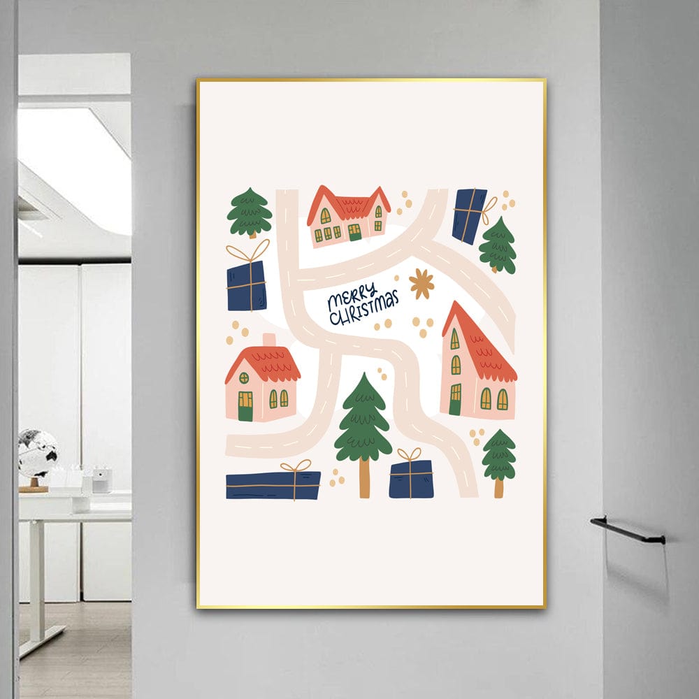 Cheerful Town wall art print, hand drawn holiday village with cozy houses, snowy winding roads, evergreen trees and gifts