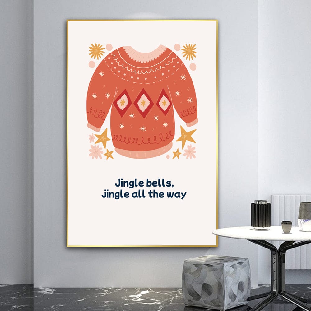 Cozy sweater holiday illustration wall art, red knit sweater with festive florals and golden stars