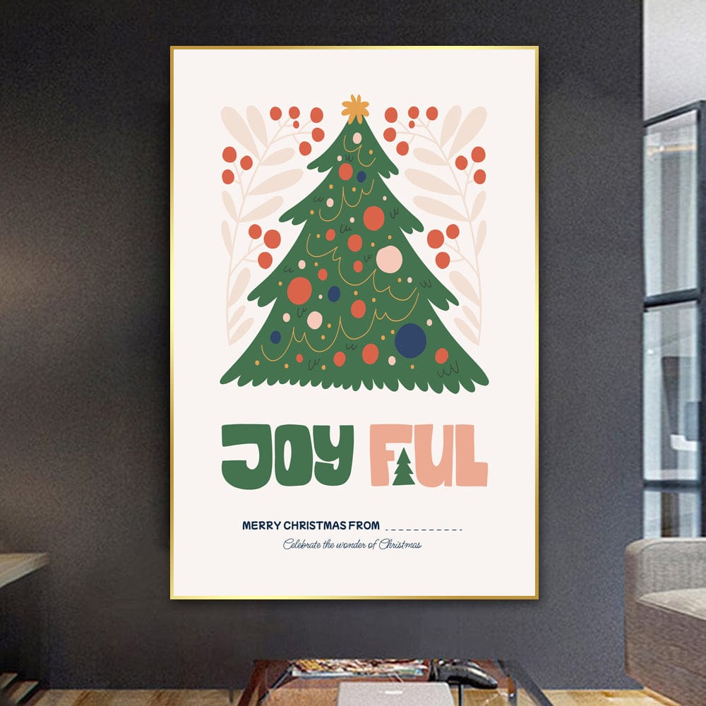 Festive Christmas tree wall art, green and red holiday botanical print with playful typography and blush background