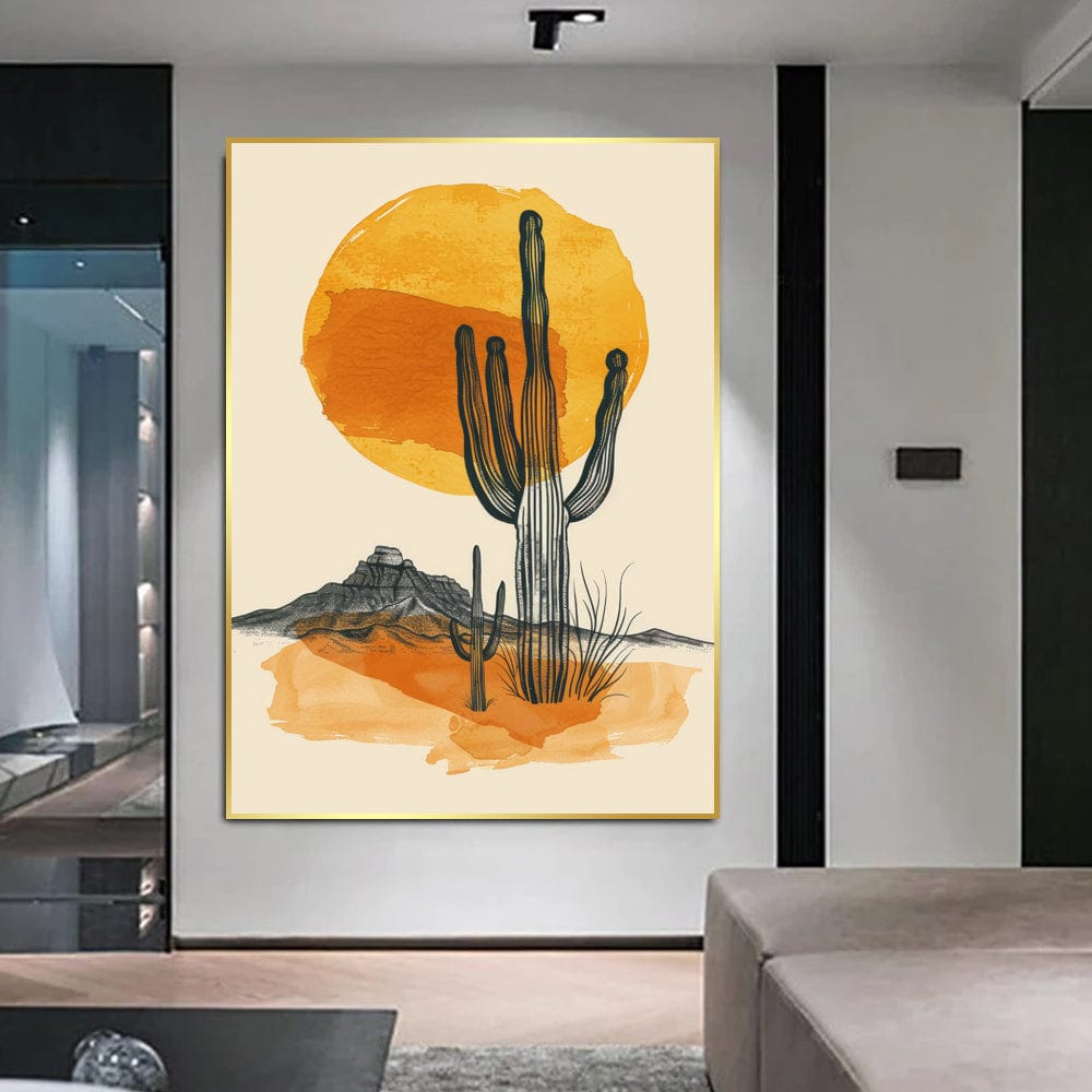Desert landscape watercolor wall art, towering cactus and golden sun over distant mountains in amber and ochre tones