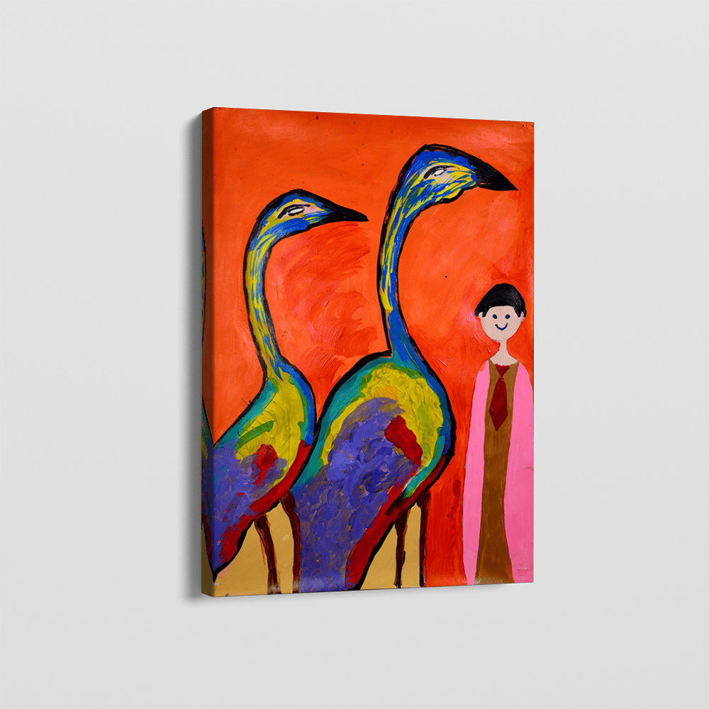 Abstract birds and human portrait wall art, two colorful birds and a smiling figure on a vibrant orange background