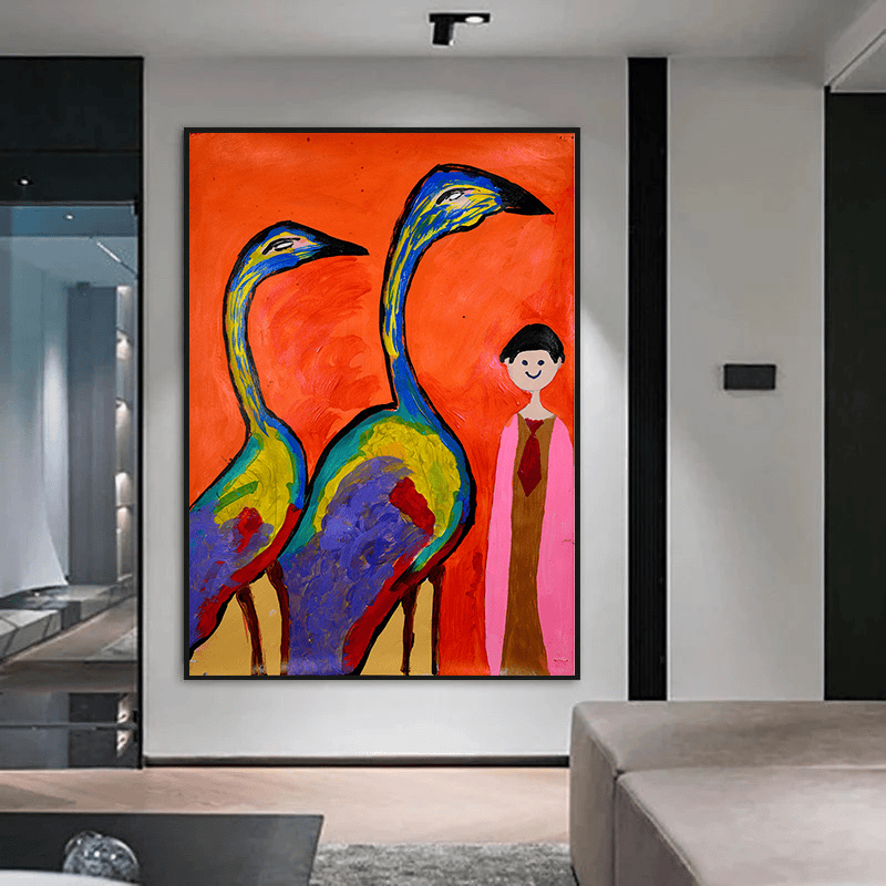 Three wall art, vibrant portrait print of two colorful birds and a small human figure against an orange background