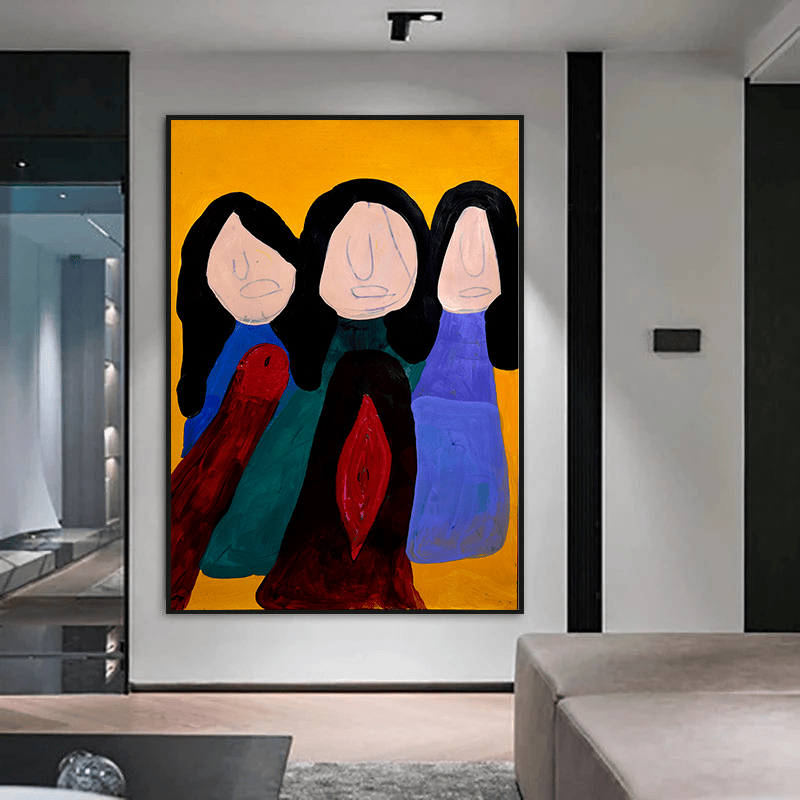 Abstract women portrait wall art, three simplified figures with red shapes on a yellow background