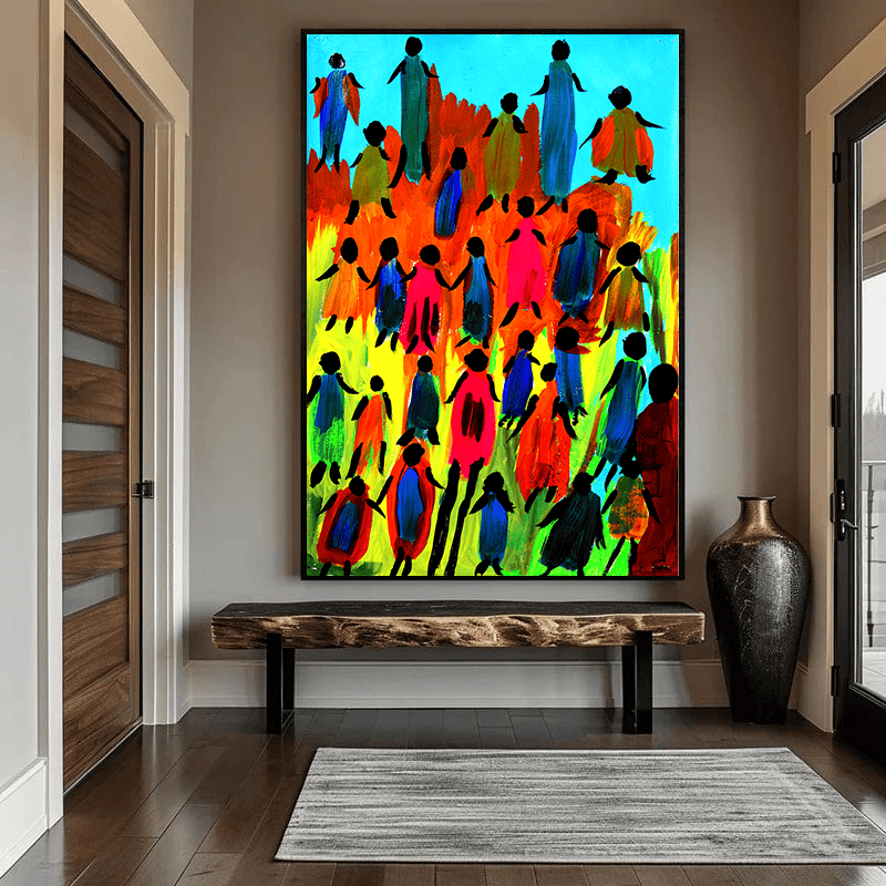 Gathered wall art, vibrant abstract people community painting in a black frame above a wooden bench in an entryway