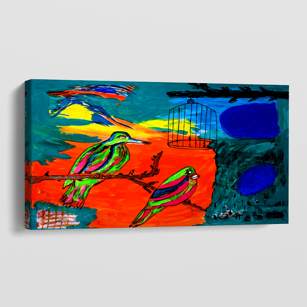 Abstract landscape painting wall art featuring vivid sunrise colors, colorful birds on a branch, and a hanging birdcage