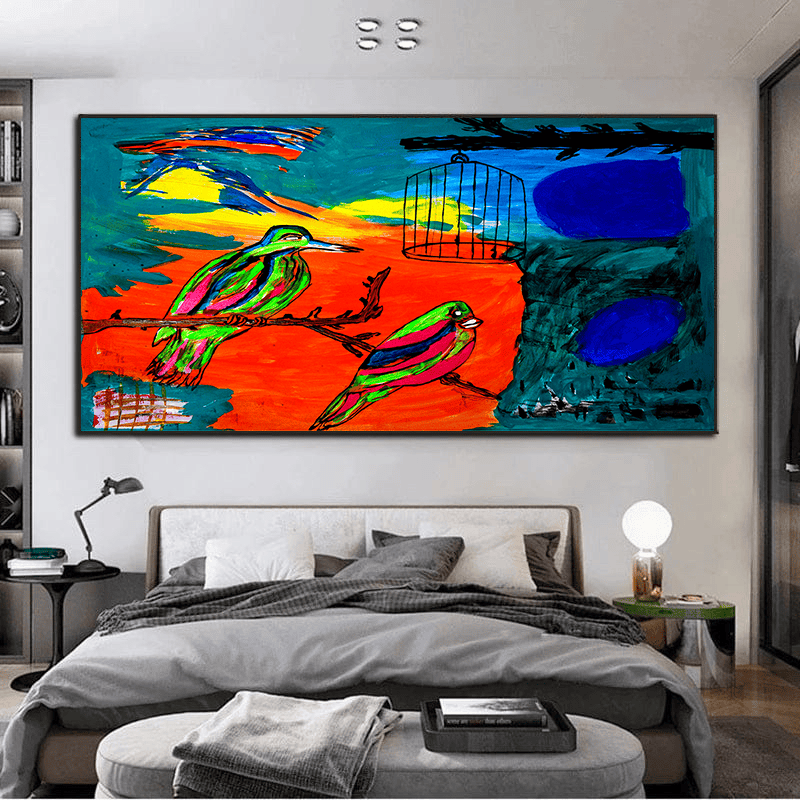 Vibrant birds and landscape wall art, colorful painting with orange and blue tones hanging above a bed