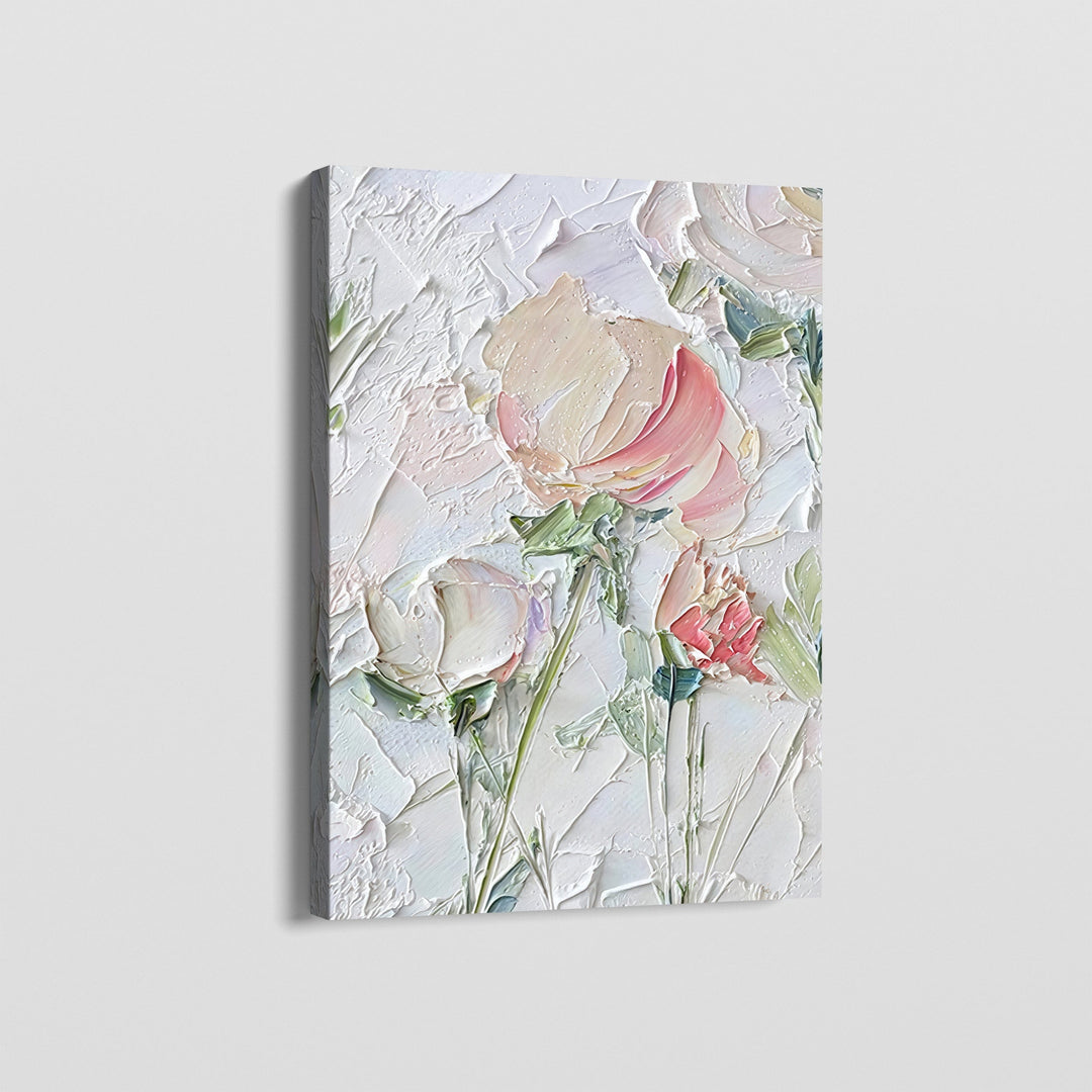 Soft floral texture wall art, pastel pink and green impasto flowers on a white background