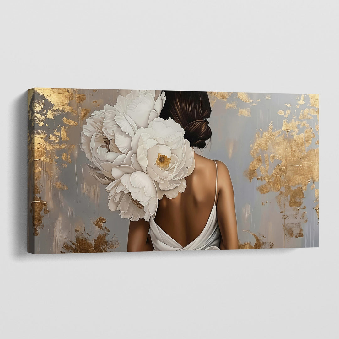 Elegant back woman portrait wall art, female figure with white flowers and gold leaf accents