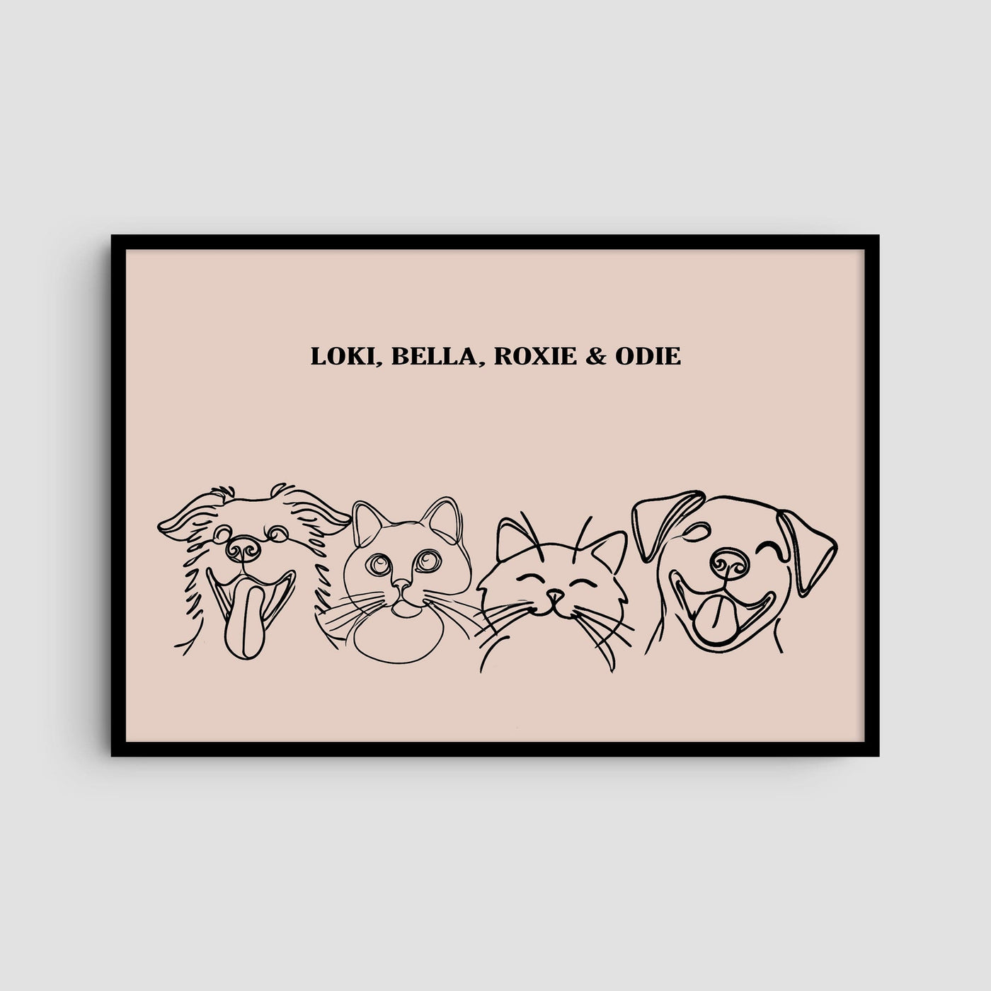 Custom Four Pet Line Art Portrait - Dusty Pink