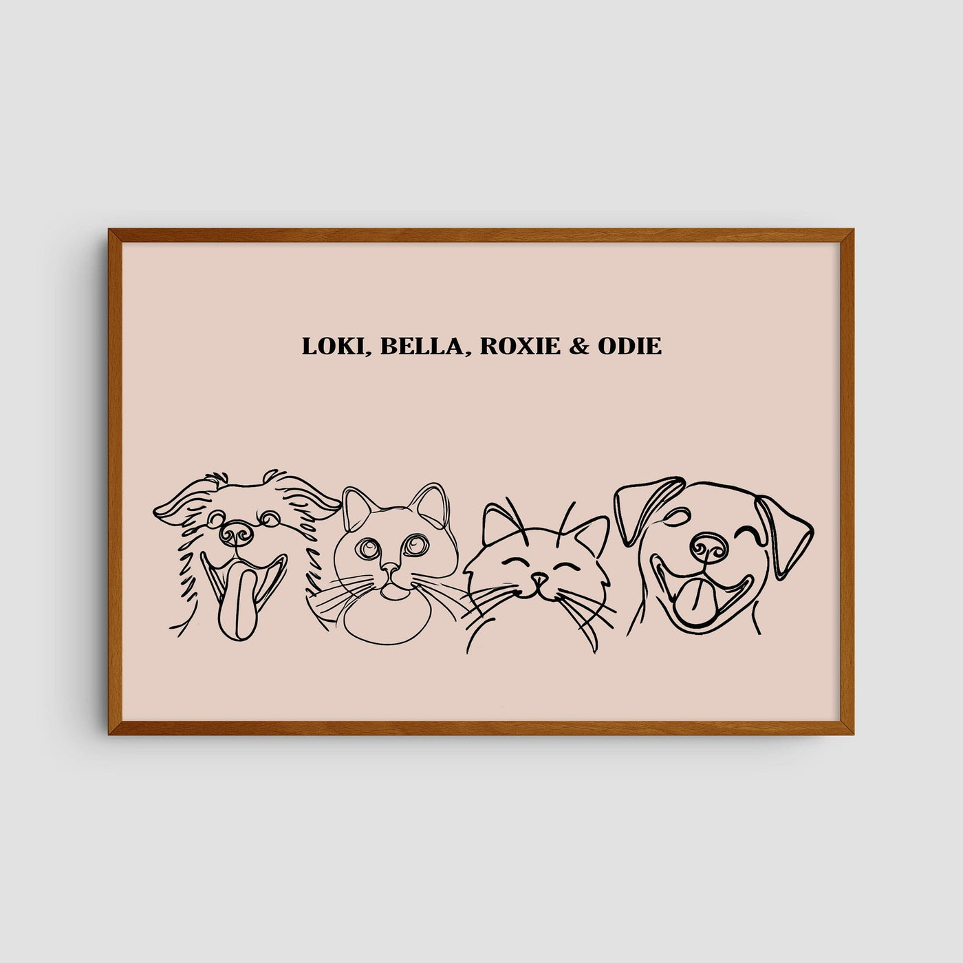 Custom Four Pet Line Art Portrait - Dusty Pink