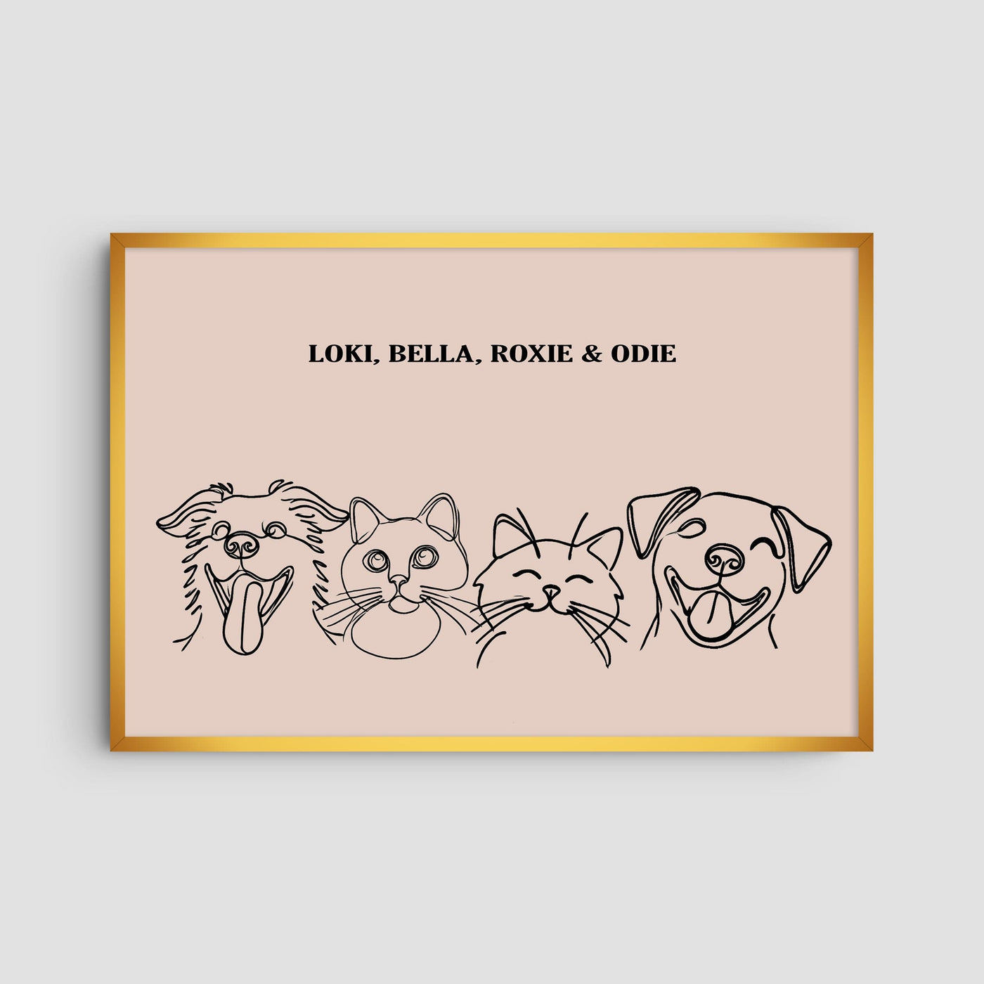 Custom Four Pet Line Art Portrait - Dusty Pink