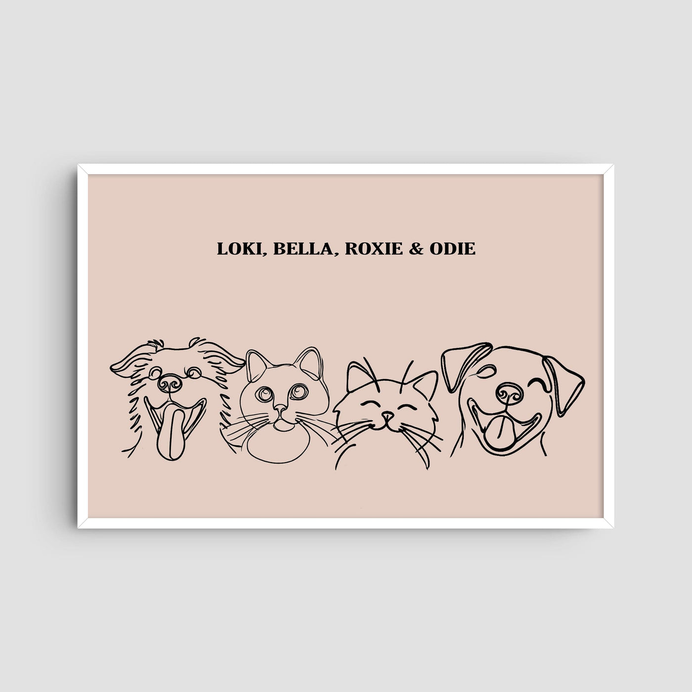 Custom Four Pet Line Art Portrait - Dusty Pink