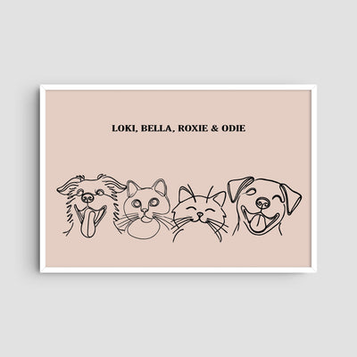 Custom Four Pet Line Art Portrait - Dusty Pink