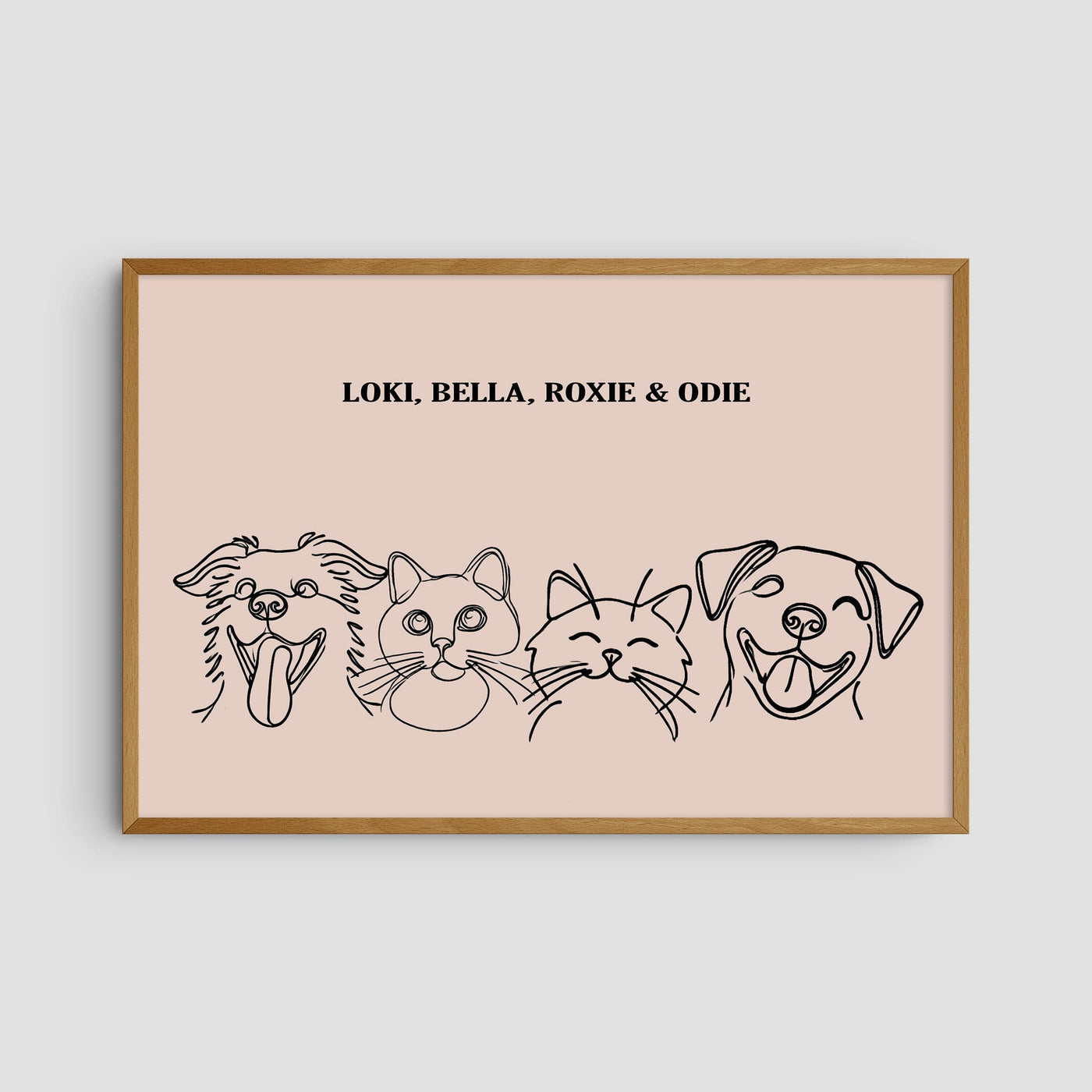 Custom Four Pet Line Art Portrait - Dusty Pink