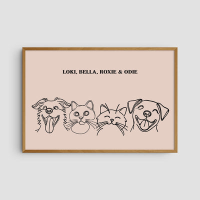 Custom Four Pet Line Art Portrait - Dusty Pink