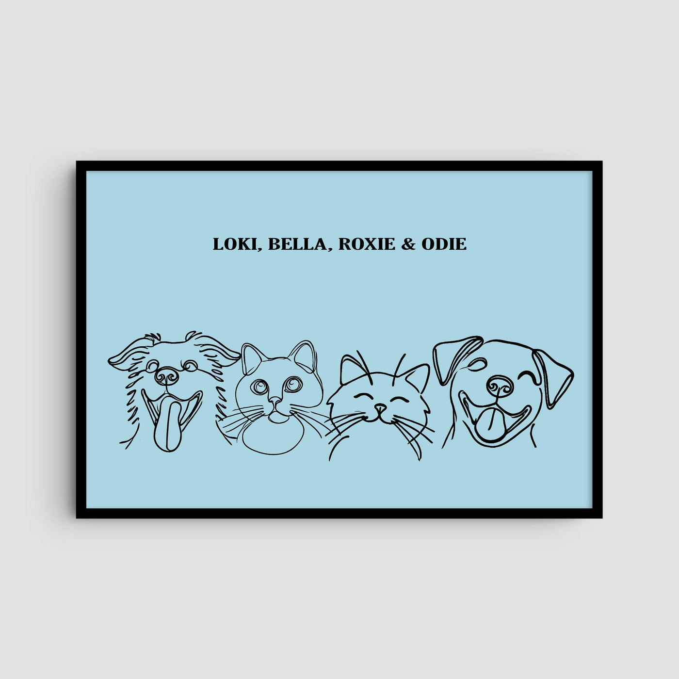 Custom Four Pet Line Art Portrait - Light Blue