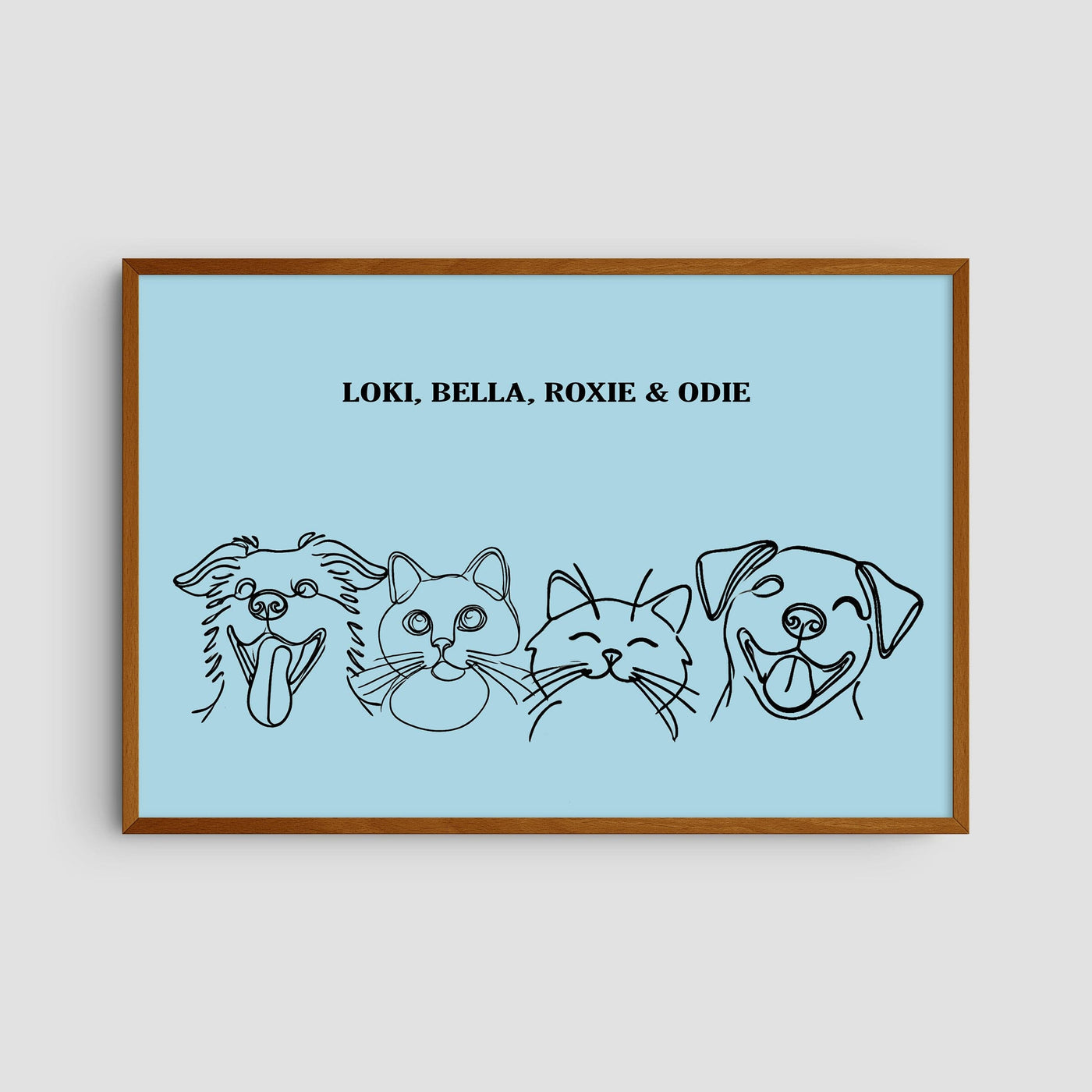 Custom Four Pet Line Art Portrait - Light Blue