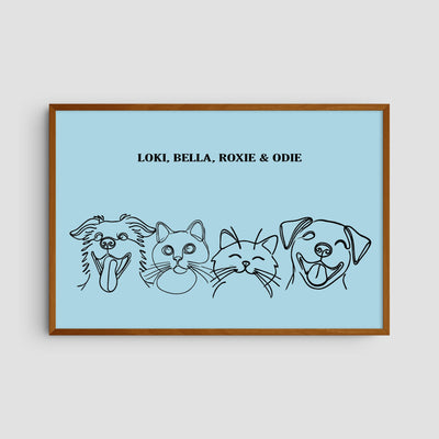 Custom Four Pet Line Art Portrait - Light Blue