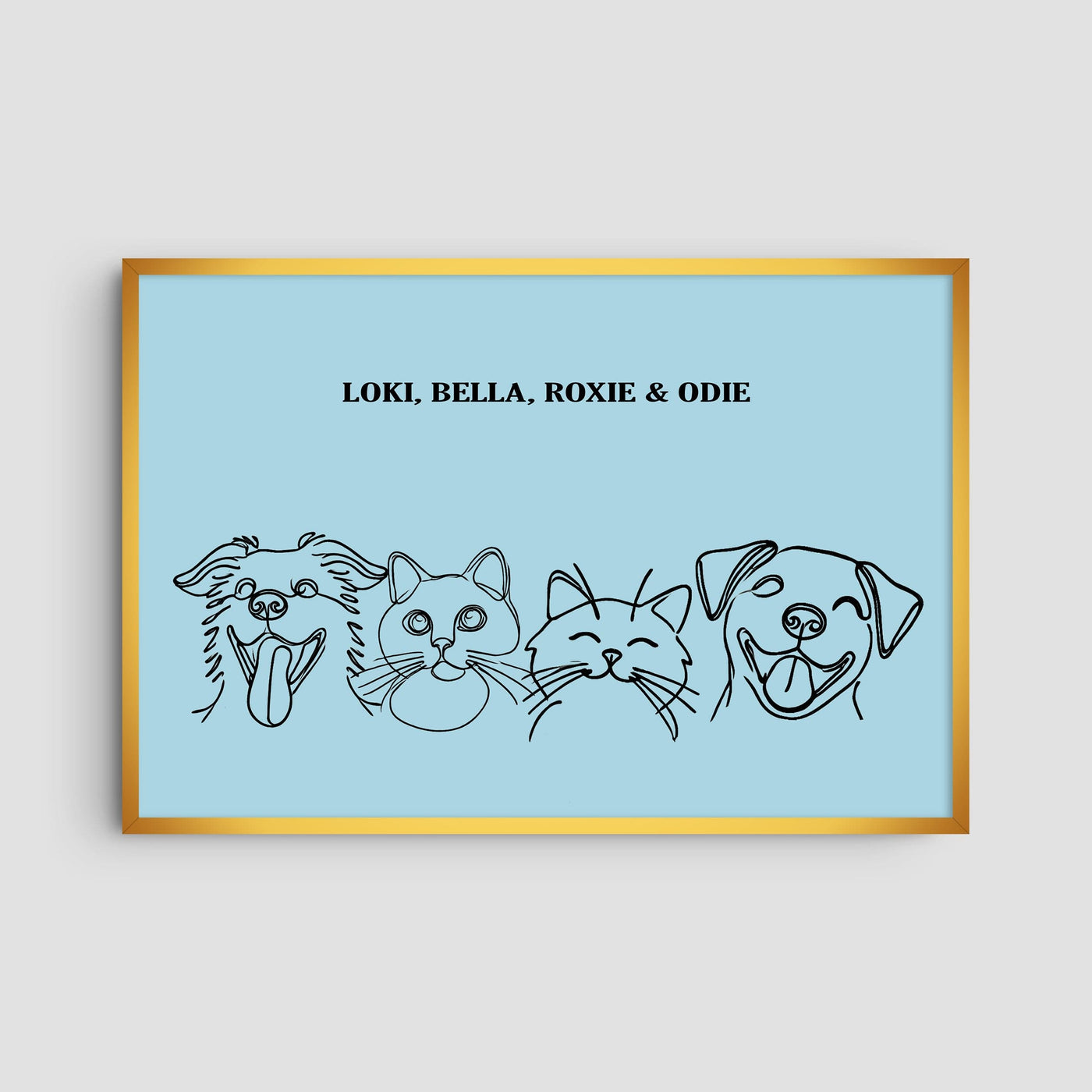 Custom Four Pet Line Art Portrait - Light Blue