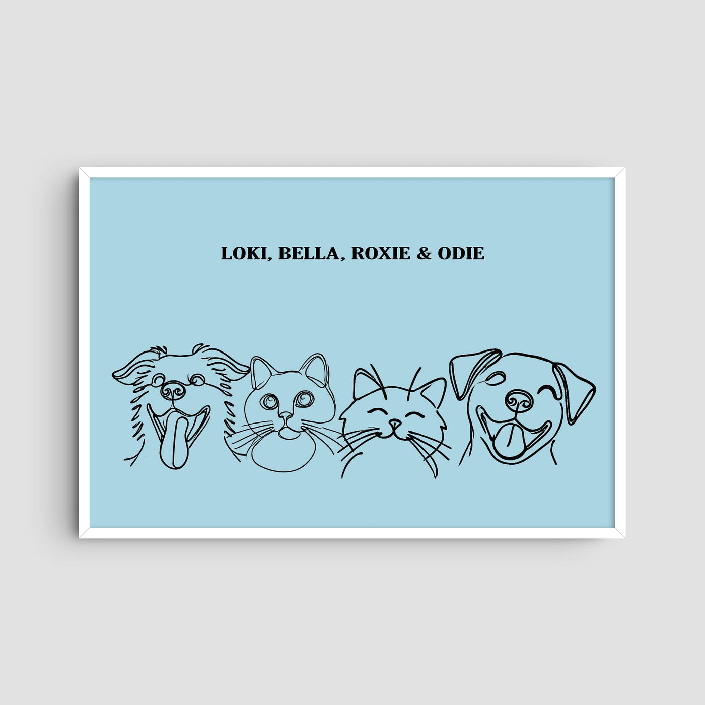 Custom Four Pet Line Art Portrait - Light Blue