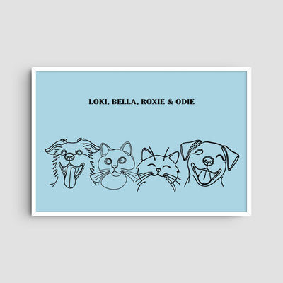 Custom Four Pet Line Art Portrait - Light Blue