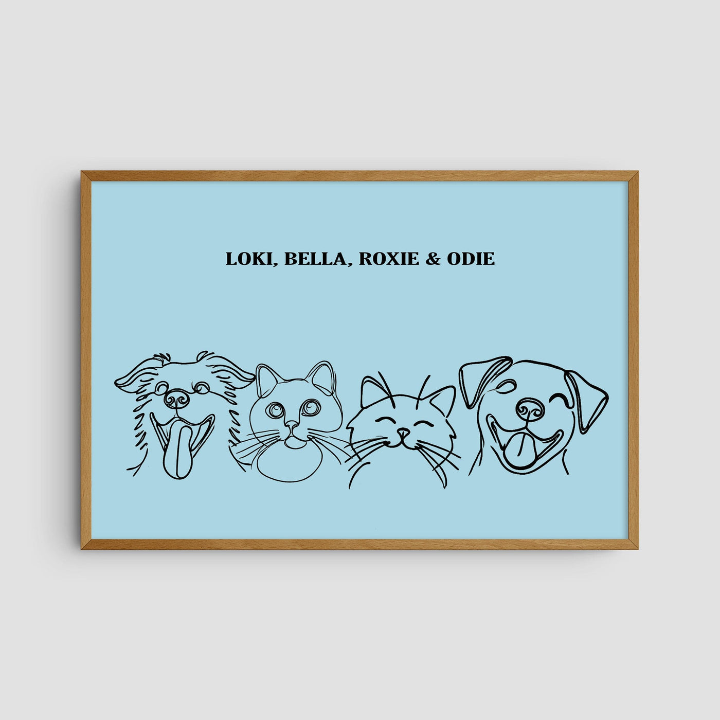 Custom Four Pet Line Art Portrait - Light Blue