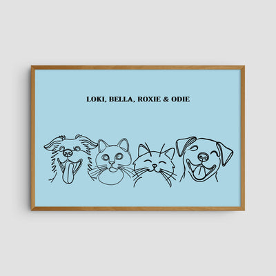 Custom Four Pet Line Art Portrait - Light Blue