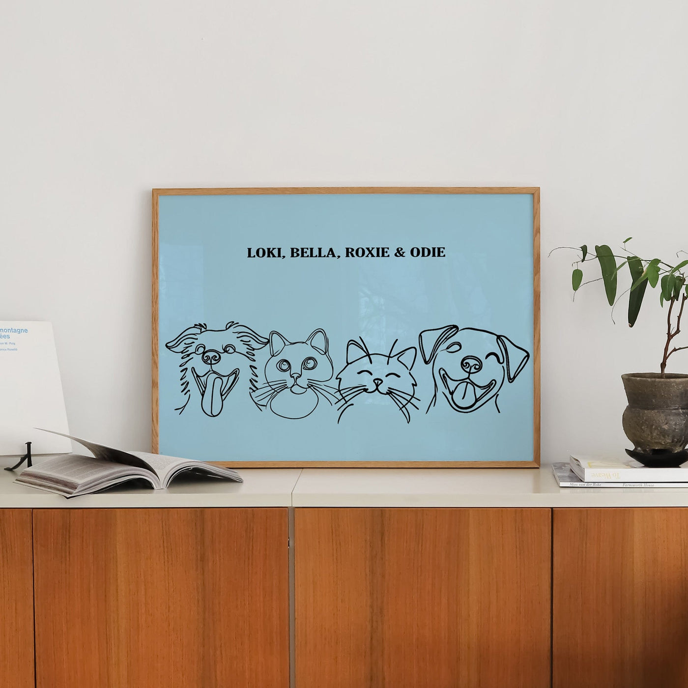 Custom Four Pet Line Art Portrait - Light Blue