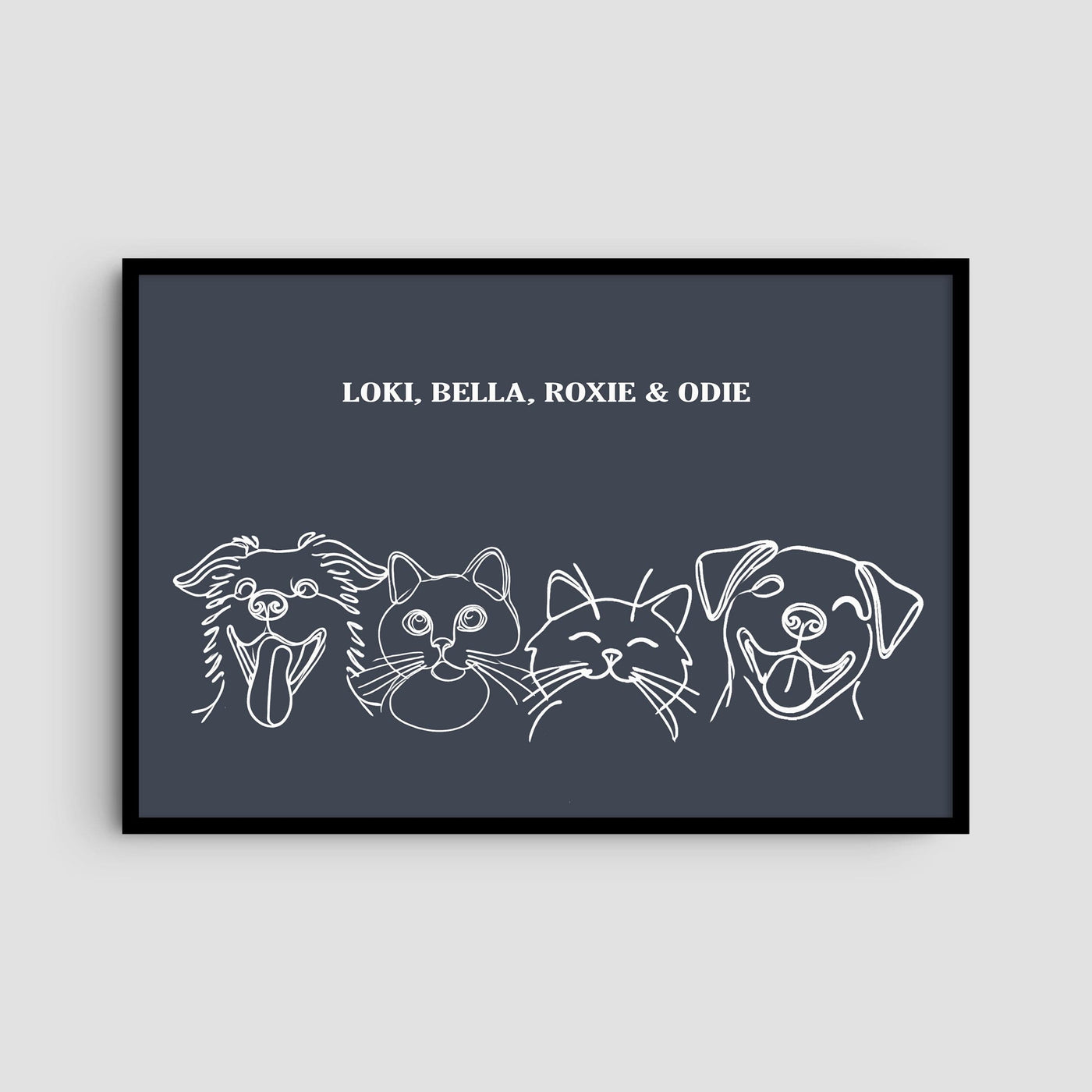 Custom Four Pet Line Art Portrait - Navy