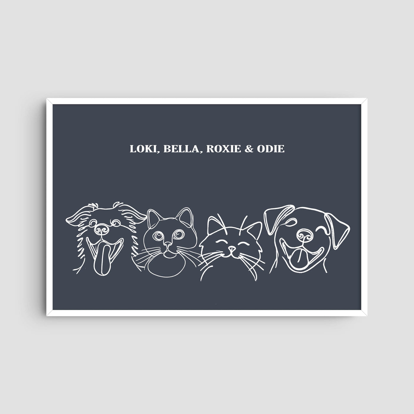 Custom Four Pet Line Art Portrait - Navy