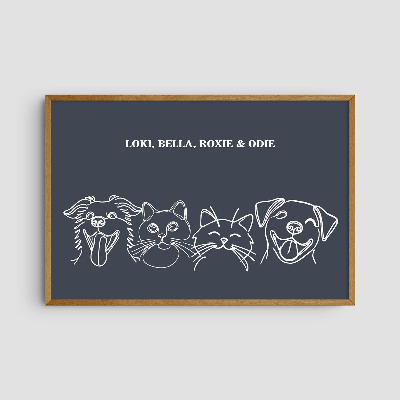 Custom Four Pet Line Art Portrait - Navy