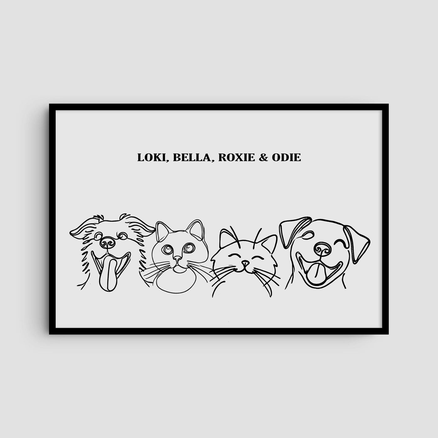 Custom Four Pet Line Art Portrait - Soft White